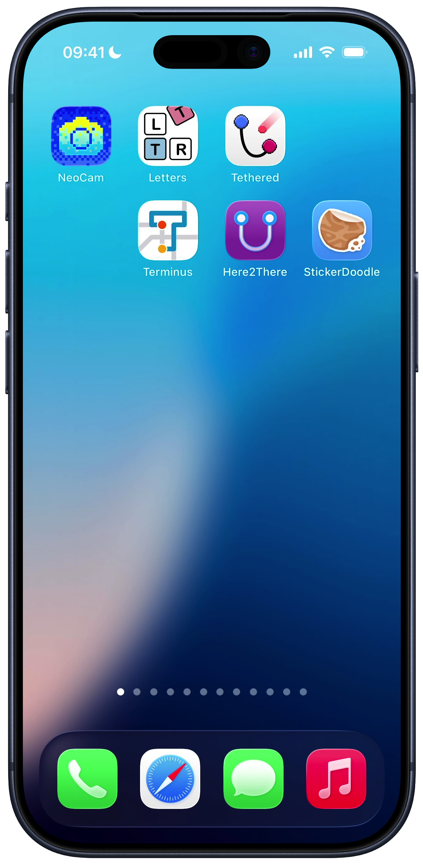 An iPhone home screen showing six apps: NeoCam, Letters, Tethered, Terminus, Here 2 There, and StickerDoodle